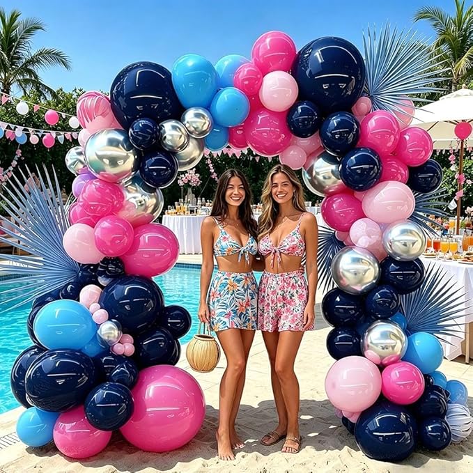 Navy Blue Pink Balloon Garland Double Stuffed Dark Blue Hot Pink Silver Balloons Royal Pastel Balloon Arch Kit for Birthday Gender Reveal Baby Shower Graduation Tropical Hawaii Party Decorations