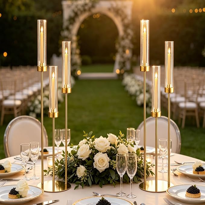 10pcs Gold Candelabra for Wedding Table Centerpieces, 33.8'' Tall 3 Arm Candle Holder with Acrylic Lampshade for Party, Events, Church, Christmas & Halloween Home Decor, Fit LED Taper Candles