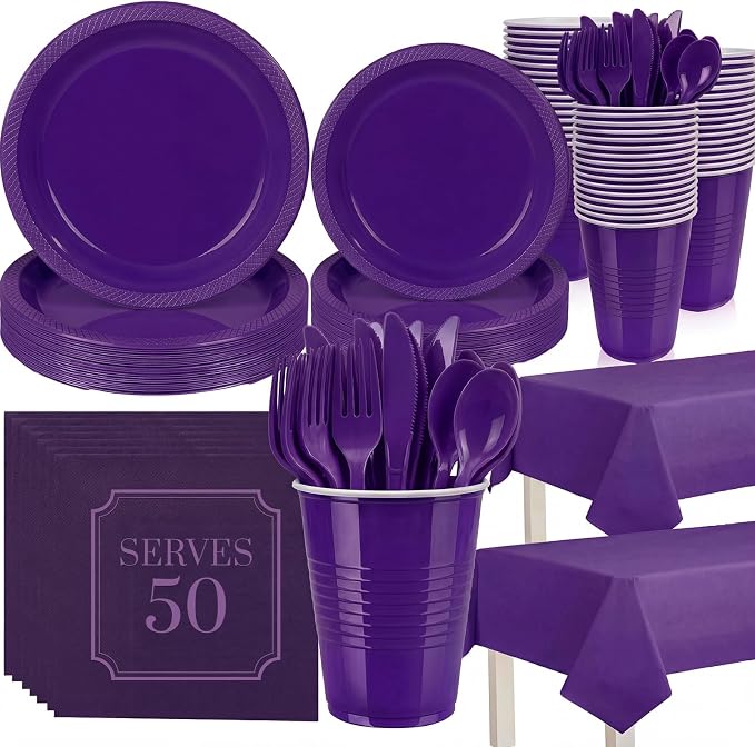 352 Pcs Purple Plastic Plates Party Set, 50 Guests Disposable Dinnerware Set with Deep Purple Tablecloths, Royal Deep Purple Plastic Plates Party Set for Wedding/Luxury Banquet/Anniversary/Gala