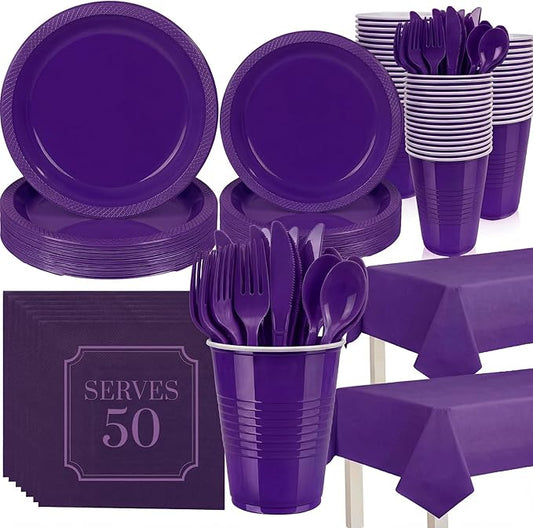 352 Pcs Purple Plastic Plates Party Set, 50 Guests Disposable Dinnerware Set with Deep Purple Tablecloths, Royal Deep Purple Plastic Plates Party Set for Wedding/Luxury Banquet/Anniversary/Gala