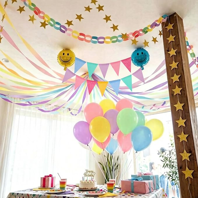 FYSUIMU Pastel Decorations 300Pcs Colorful Paper Chain Stripe 100Pcs Balloon 656 Ft Crepe Paper Streamer 65.6 Ft Gold Star Garland 13.1 Ft Flag Banner for Back to School Wedding Backdrop DIY Crafts
