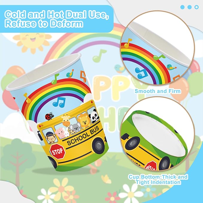 120PCS Cartoon Melon Birthday Party Supplies for Boys and Girls 1st 2rd Birthday Party School Bus Rainbow Watermelon Tableware Set Napkin Cups Forks Knives for 20 Guests
