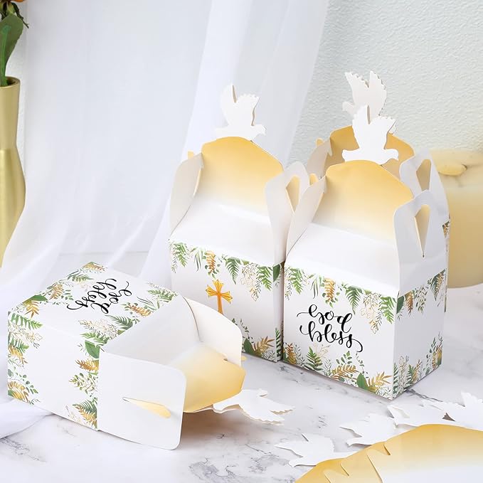 Geyee 48 Pcs Baptism Favor Boxes Baptism Party Favors First Communion Cross Goodie Gable Box Religious Party Favors God Bless Candy Boxes for Christening Baby Shower