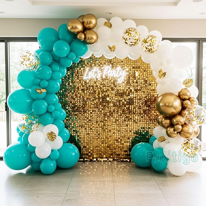 Teal Balloon Garland Kit with Gold Butterflies – Turquoise, Blue and Green, White & Gold Balloons in 18", 12", 5" Sizes – for Graduation, Baby Shower, Wedding, Birthday, Party Decor