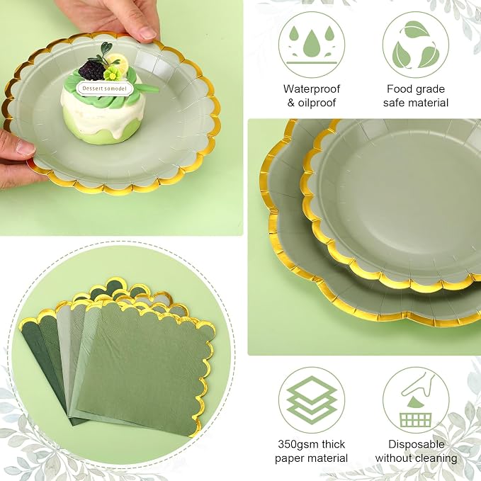 144 Pcs 48 Guests Sage Green Paper Plates and Napkins Green Birthday Party Decorations Disposable Tableware 9 Inch 7 Inch Gradient Scalloped Edge Plates for Baby Shower Wedding Bridal