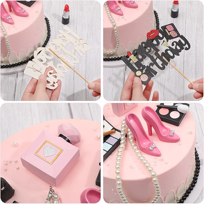 Chunful 9 Pcs Makeup Cake Topper Makeup Birthday Party Decorations 3D Resin Cosmetics Lipstick Perfume Bottle Eye Shadow Blush Make up Cake Decoration for Bridal Shower Bachelorette Women Spa Birthday