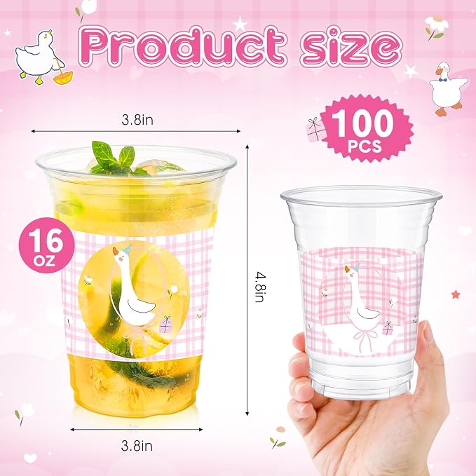 100 Pcs One Silly Goose Party Plastic Cups Decoration 16 oz Disposable Cute Goose Cups Clear Plastic Drinkware for Girl 1st Birthday Party Baby Shower Supplies Beverage Snacks