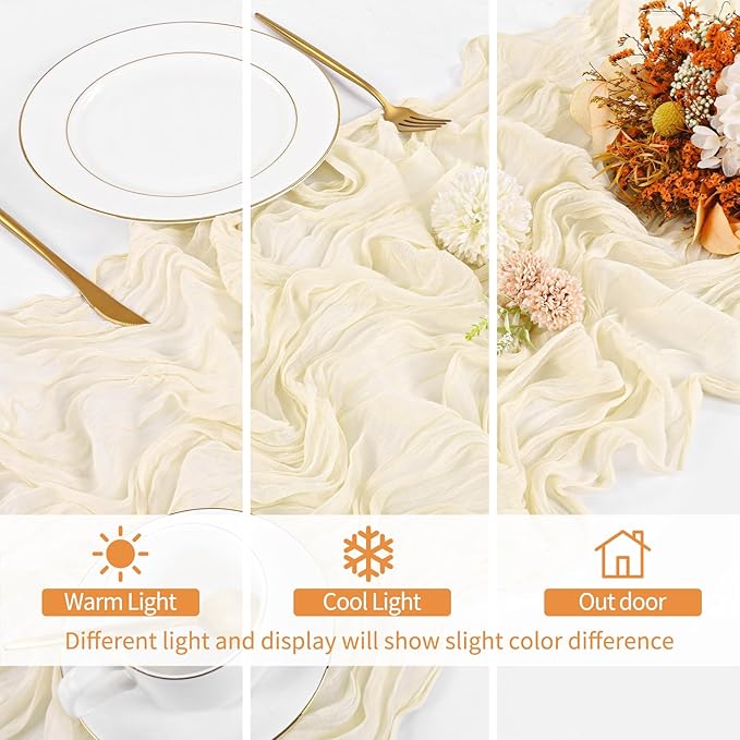 8 Pack Ivory Cheesecloth Table Runner 120 Inch 10FT Boho Rustic Cream Sheer Gauze Cheese Cloth Table Runner for Wedding Baby Shower Birthday Party Table Decor