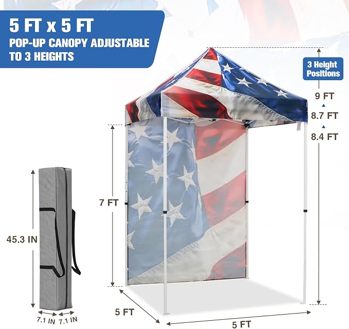 EAGLE PEAK Pop up Canopy 5x5, Outdoor Portable Canopy Tent with One Removable Sunwall, Carry Bag Included, Stars and Stripes