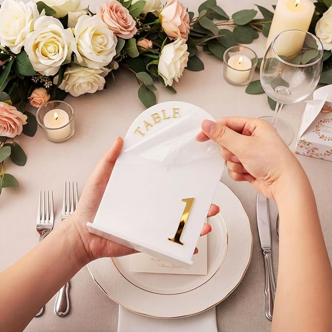 AceOrbit White Wedding Table Numbers 1-20 with Stands 5" x 7" White Acrylic Wedding Signs with Holder Elegant Arch Numbered Signage Tabletop Reception Sign for Anniversary, Banquet, Event Decor