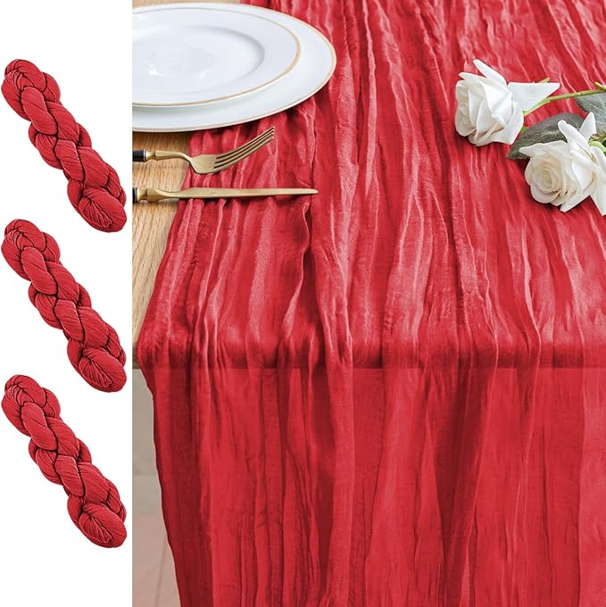 3PCS Table Runner Cheesecloth 10FT Red Boho Gauze Cheese Cloth Rustic Sheer Table Runners for Wedding Birthday Bridal Baby Shower Party Decoration