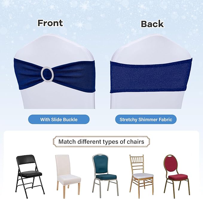 SquarePie Pack of 50 Royal Blue Chair Sashes Bows with Buckle Slider Universal Elastic Spandex Bands Ties for Banquet Event Decor