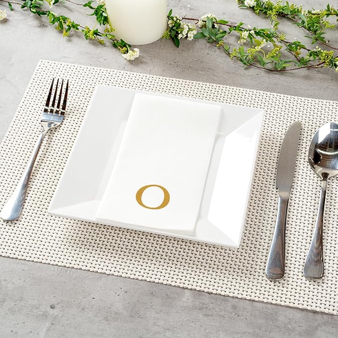 Luxenap 15.8 X 7.9 Inch Linen-Feel Guest Towels, 50 Lettered Hand Towels - Gold Letter 'O', Sans Serif Font, White Paper Dinner Napkins, airlaid, For Restrooms And Tables