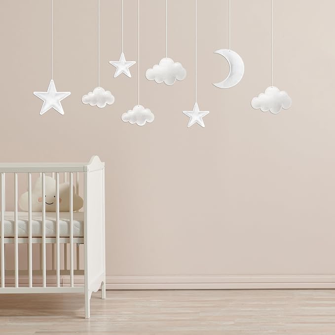 Ayfjovs 8pcs 3D Hanging Cloud Set with Moon and Stars for Ceiling Decor, Felt Artificial Ceiling Clouds for Art Stage Wedding Nursery Children Room Party Baby Shower Cloud Props