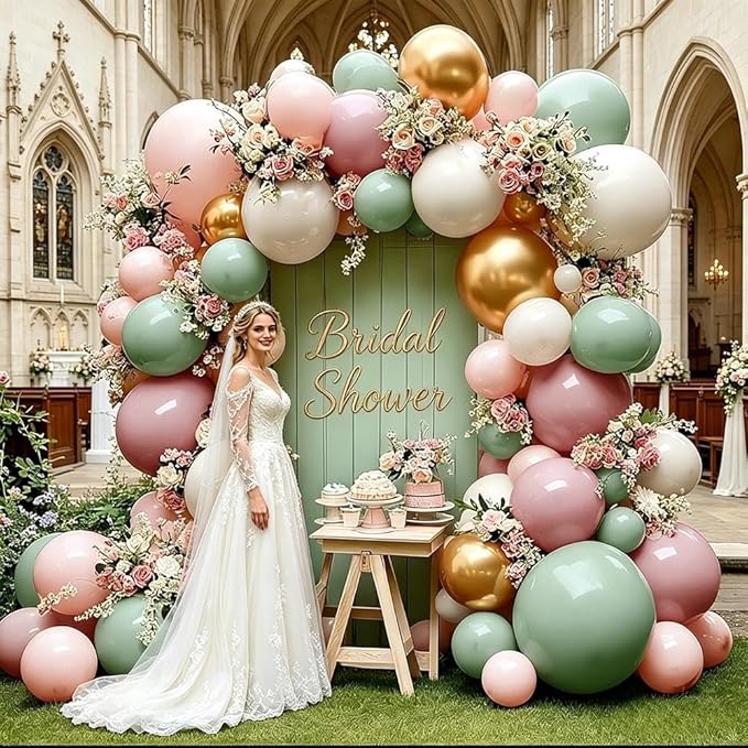 Dusty Green Pink Balloon Arch Double Stuffed Pastel Baby Pink Light Green White Cream Balloon Metallic Gold Latex Balloons for Baby in Bloom Birthday Bridal Shower Wedding Party Decorations