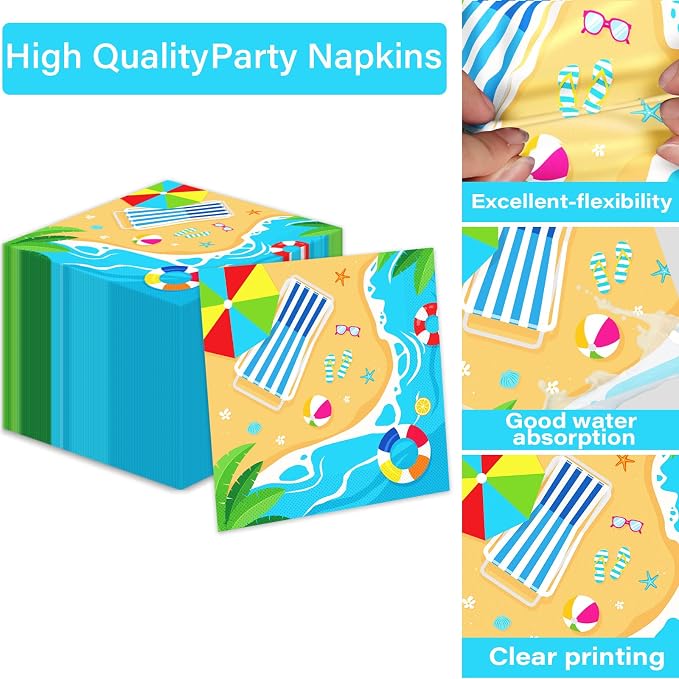 50 Guests Beach Plates and Napkins Party Supplies Summer Birthday Party Decorations Disposable Tableware Set Beach Dinnerware Favor for Kids, 200PCS