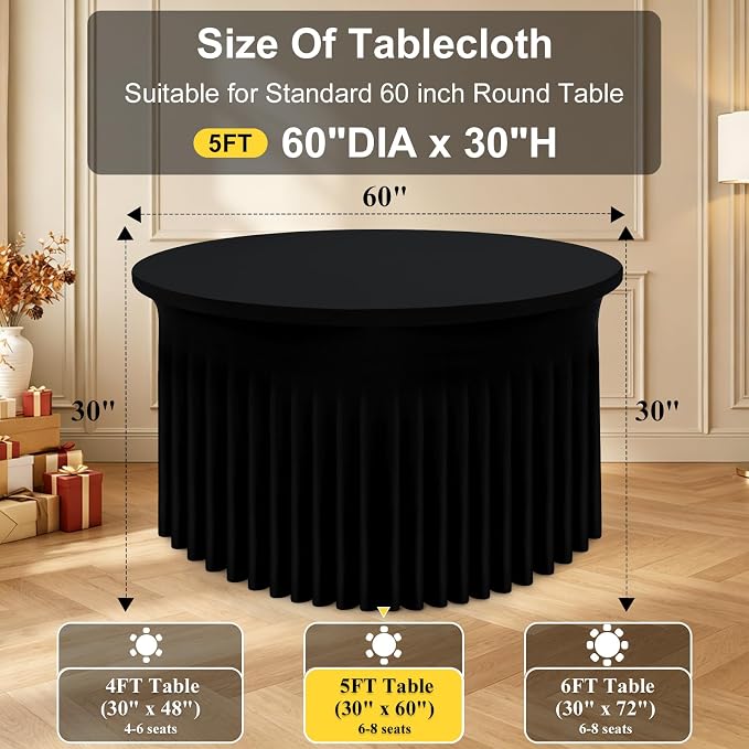 Smiry Round Spandex Tablecloth, Elastic Fitted Washable Tablecloths for 60 Round Tables, Waterpoof Stretch Table Cover Skirt for Wedding, Outdoor, Banquet & Parties, Black