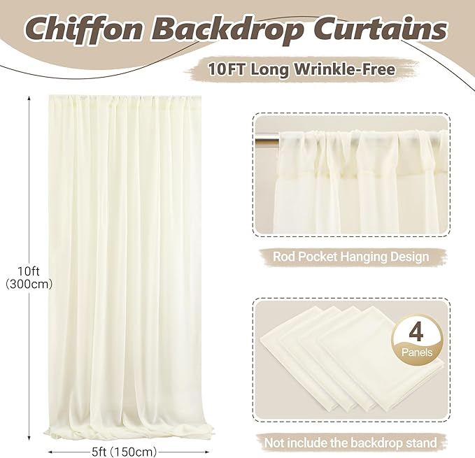 20ft x 10ft Ivory Backdrop Curtain Drapes, Wrinkle-Free Sheer Chiffon Fabric Photo Background Panels for Wedding Arch Party Ceremony Stage Photography Decorations
