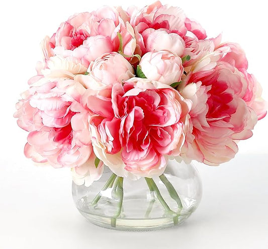 Pink Peonies Artificial Flowers in Vase, Silk Faux Peony Fake Flower Arrangements with Glass Vase and Faux Water for Home Decor Wedding Bouquets Table Centerpieces