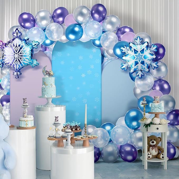 Foilswirl 34 Pcs Winter Party Wonderland Decorations 4ft 5ft 6ft Snowflake Arch Backdrop Covers Wonderland Spandex Arch Backdrop Blue Purple Balloon for Winter Birthday Princess Themed Party Decor