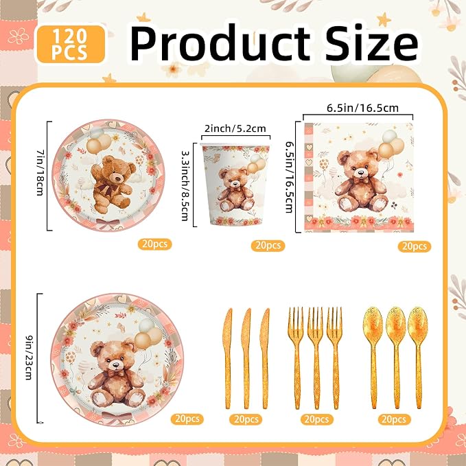 140pcs Gold Bear Birthday Party Decorations Tableware, Bear Table Centerpieces Party Supplies for Pets Lets Pawty Tableware Set Plates Napkins Cups Forks Knives for 20 Guests