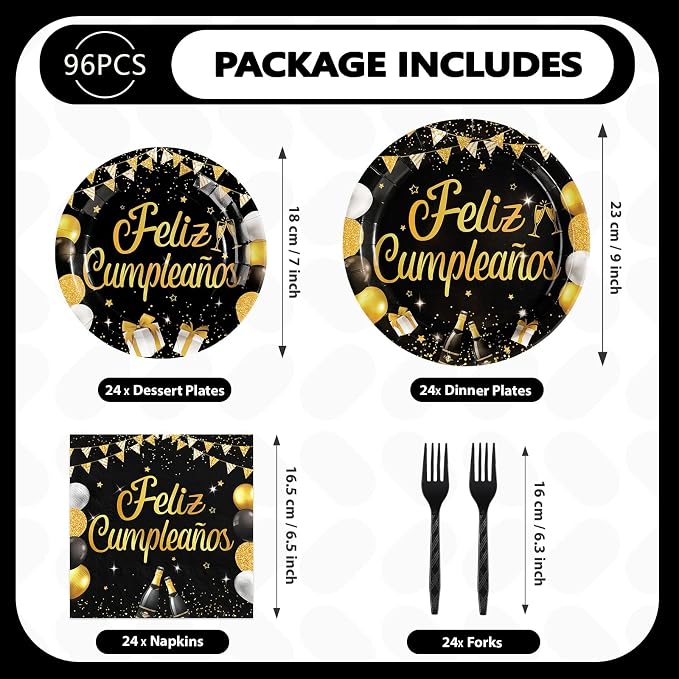 96Pcs Feliz Cumpleaños Decoration Black and Gold Plates and Napkins Feliz Cumpleaños Happy Birthday Tableware Set for Men Women Spanish Black and Gold Birthday Party Supplies Serves 24