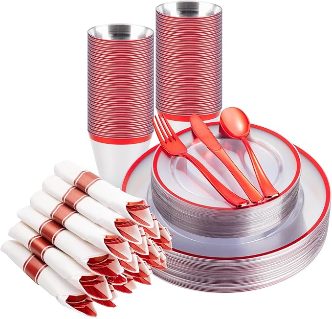 BESTSTAR 175PCS 4th of July Plastic Plates, Clear and Red Disposable Plates Set for 25 Guests, 50 Plastic Plates, 25 Cups, 25 Pre-Rolled Napkins with Plastic Cutlery for Party, Birthday, Christmas