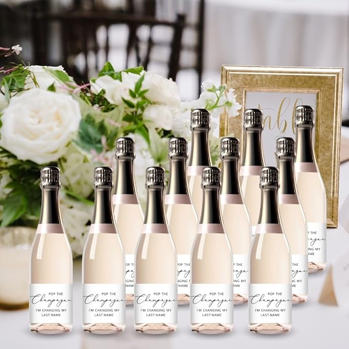 POP The Champagne I’m Changing My Last Name Labels ● Set of 12 ● Bachelorette Party Bridal Shower Bride Squad Mini Champagne Bottle Labels Wine Label Alternative to Cards Shirts (Minimalist)