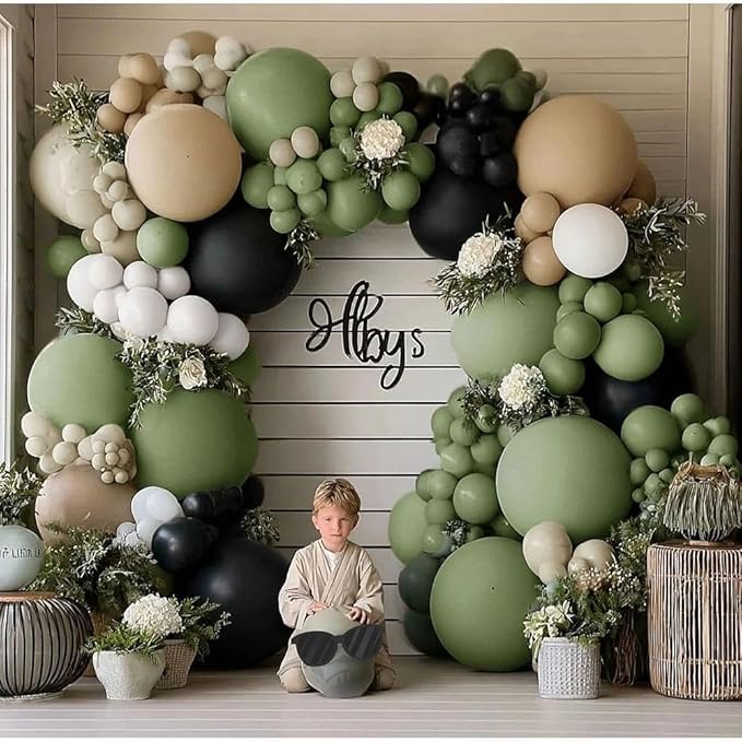 Black Sage Green Nude Balloon Garland Double Stuffed Olive Green Sand White Balloon Avocado Apricot Black Latex Arch Kit for Jungle Safari Wild One Birthday Baby Shower Woodland Decorations