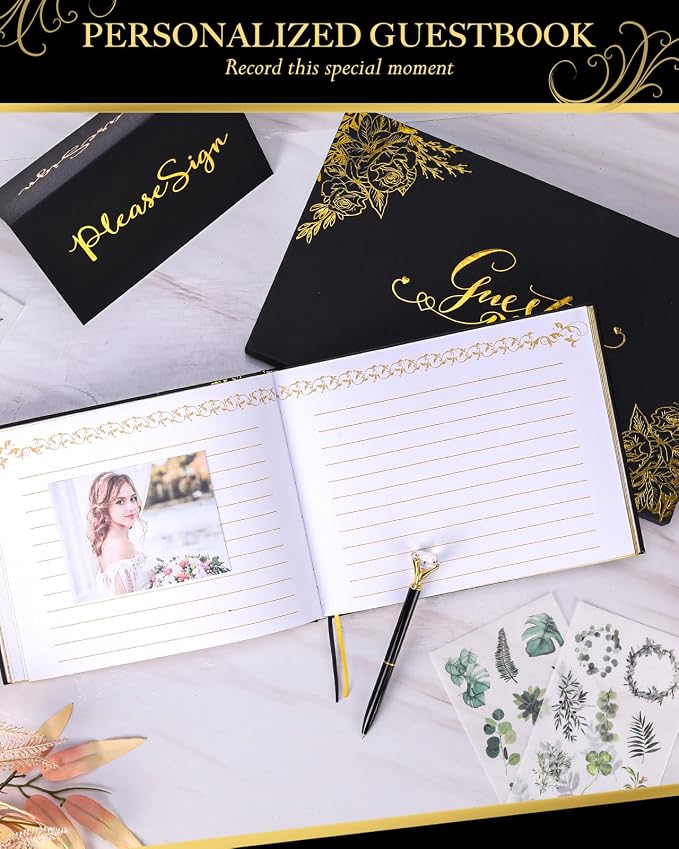 Black Wedding Guest Book - Guest Book Wedding Reception with Pens - 9x7'' Personalized Wedding Guestbook Photo Album Sign in Book - Gold Foil Hardcover & Gilded Edges for Weddings Baby Shower Party