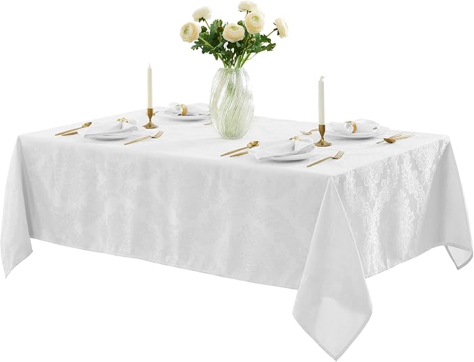 Newbridge Barcelona Luxury Damask Fabric Tablecloth, 52” Wide x 52” Square, White, 100% Polyester, No Iron, Soil Resistant Dining Room, Party and Banquet Table Cover
