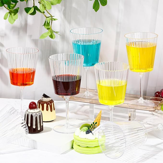 Domensi 36 Pack Plastic Ribbed Wine Glasses 13 oz Acrylic Champagne Flutes with Stem Unbreakable Reusable Cocktail Champagne Glasses for Wedding Holiday Birthday Party Supplies