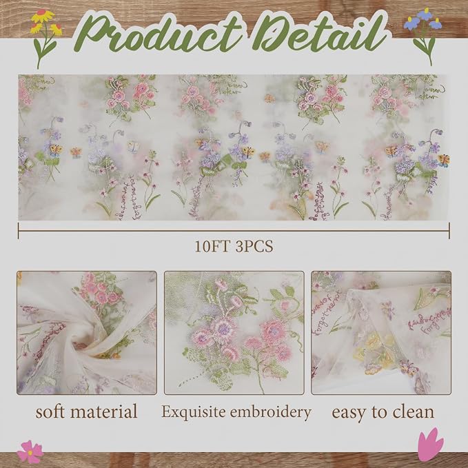 Ivory White Floral Table Runner 10ft Embroidery Tulle Spring Wildflower Table Runner Seasonal Summer Butterfly Kitchen Dining Gauze Decoration for Wedding Baby Shower Birthday Party (3 Pcs)