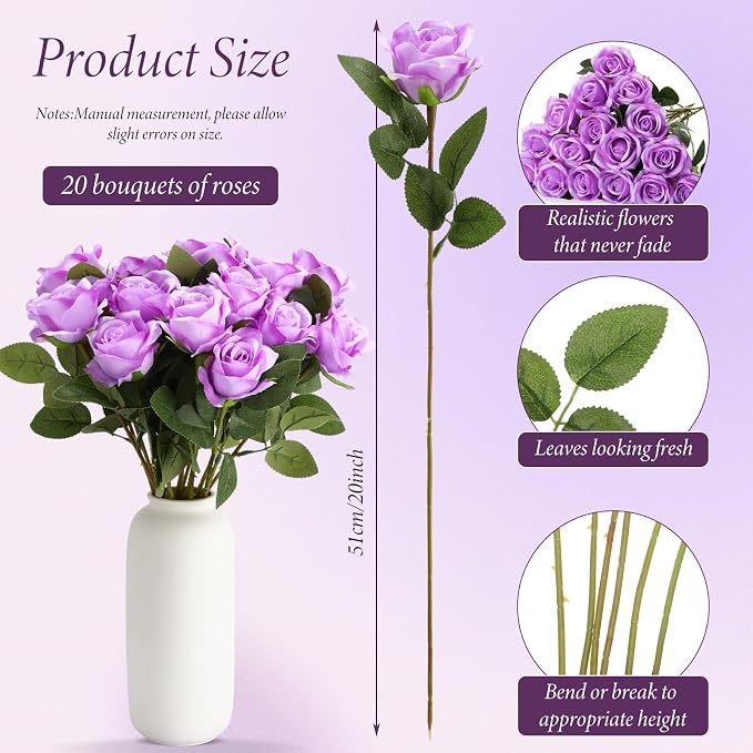 Hotop 20 Pcs Artificial Rose Flowers with Long Stem, Real Lifelike Silk Realistic Plastic Bouquet Roses Bulk for Home Decor Bridal Wedding Party Table Centerpieces Decorations(Purple)