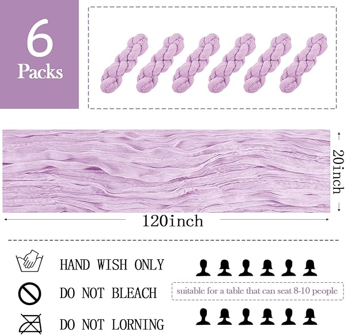 6 Pack Lavender Cheesecloth Table Runner 20 x 120 inch Gauze Table Runners 10 FT Long,Semi Sheer Boho Cheese Cloth Fabric Table Runner Bulk for Wedding,Party,Baby Shower,Bridal Shower Decoration