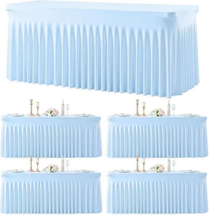 4 Pack Baby Blue Table Cloth for 8 Foot Rectangle Tables Spandex Fitted Tablecloth 8ft Stretch Table Covers Skirt Baby Blue Banquet Tablecloths Wrinkle Free Tablecloth for Party Wedding Birthday Event