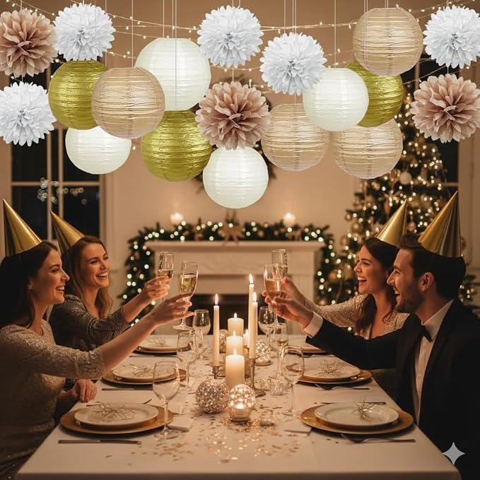 Gold White Paper Lanterns (12 Pack) - Hanging Paper Lanterns for Baby Shower Wedding Engagement Birthday Party Decorations(Gold,Khaki,Cream)
