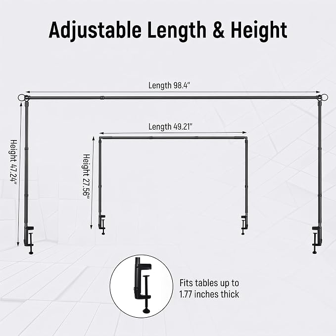 Over the Table Rod Stand with Clamps, 100PCS Rainbow Balloons & Flower Arch Kit (27.5"-48" Tall, 47"-98" Length), Black Table Arch Frame Hanging Party Decor for Wedding Birthday Home Party Decoration