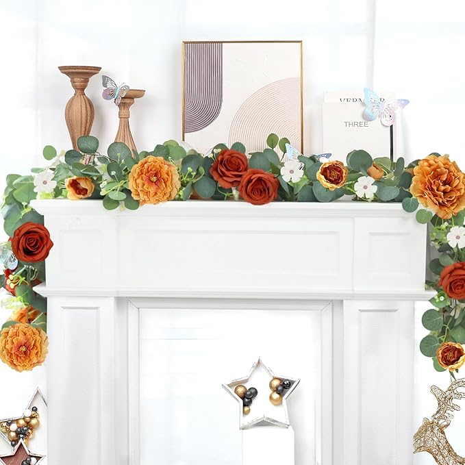 5.9 FT Artificial Flower Garland with Butterflies Fake Rose Garland Faux Greenery Eucalyptus Garlands for Wedding Table Backdrop Arch Centerpieces Decorations - Burnt Orange