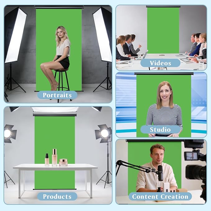 Retractable Green Photography Backdrop 36" x 59", Portable Roll-Up, Pull-Down Background, Auto-Lock Backdrop Screen for Passport Photo, Product Photography, Headshots, Video Studio