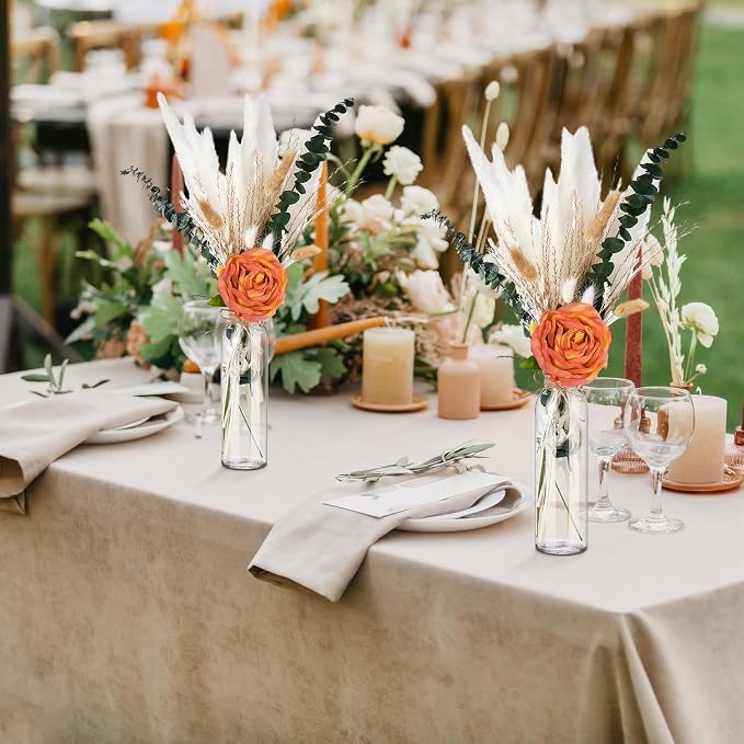 Qinyoung 10 Set Dried Pampas Grass Centerpiece for Wedding Baby Shower Party 10 Glass Flower Jars 10 Artificial Roses 80 Dried Pampas Grass with Rope for Rustic Bridal Farmhouse Decoration (Orange)