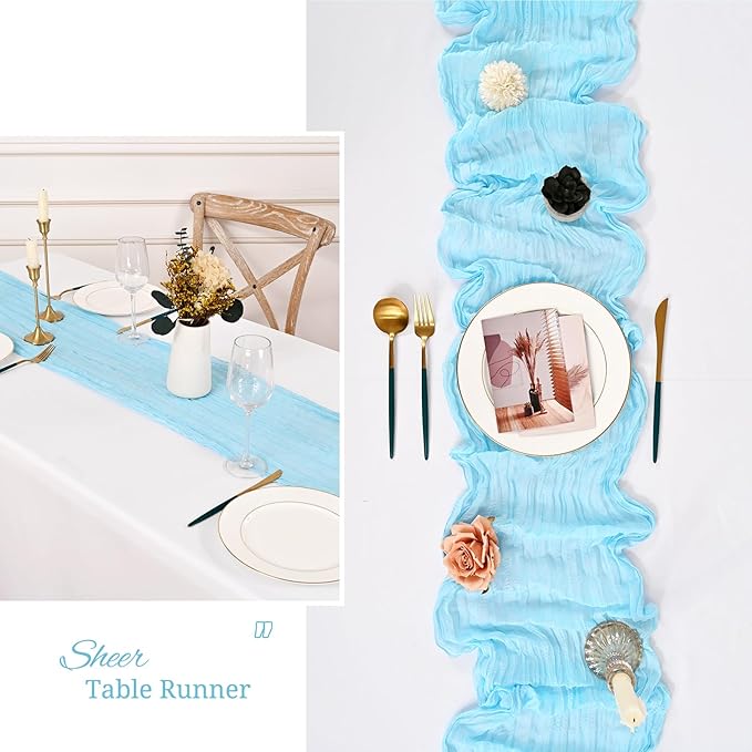 24 Pack Light Blue Cheesecloth Table Runner,9FT Burgundy Runner,17x108inch Rustic Boho Gauze Table Runner for Wedding Party Bridal Shower Thanksgiving Christmas Boho Table Decoration