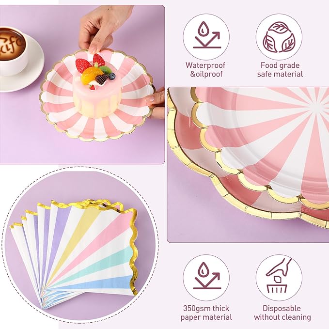144 Pcs 48 Guests Pastel Striped Party Plates and Napkins Scalloped Pastel Carnival Paper Plates and Napkins Colored Disposable Tableware for Baby Bridal Shower Wedding Tea Party Supplies