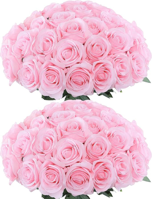 50pcs Artificial Roses Flowers in Bulk,Realistic Silk Fake Rose with Long Stem for Wedding Centerpieces Bouquet Party Floral Arrangement Home Decoration(Pink)