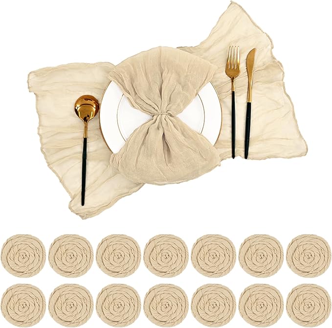 60 PCS Beige Gauze Cheesecloth Napkins,20x20 Inch Gauze Napkin Rustic Wrinkled Cheesecloth Napkin Bulk Washable Dinner Table Napkins for Wedding Party Bridal Shower Baby Shower Events Decor