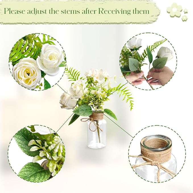 6-Pc Mason Jar Centerpieces for Tables with Artificial Roses – Farmhouse Wedding & Bridal Shower Table Decoration for Party Event Kitchen Bathroom Living Room（8.45oz