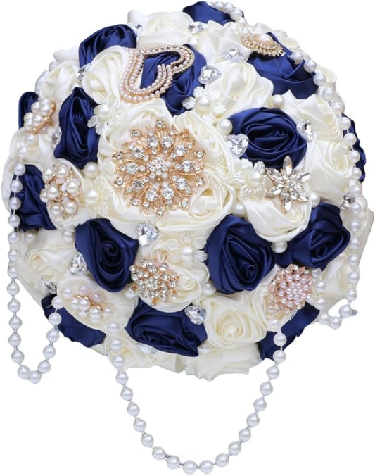 Bridal Wedding Bouquet with Rhinestone Brooch Pearl String Cascade Bouquet for Bride Bridesmaid Quinceanera Satin Rose Flower Bouquet Wedding Navy Blue and Ivory 8.7in