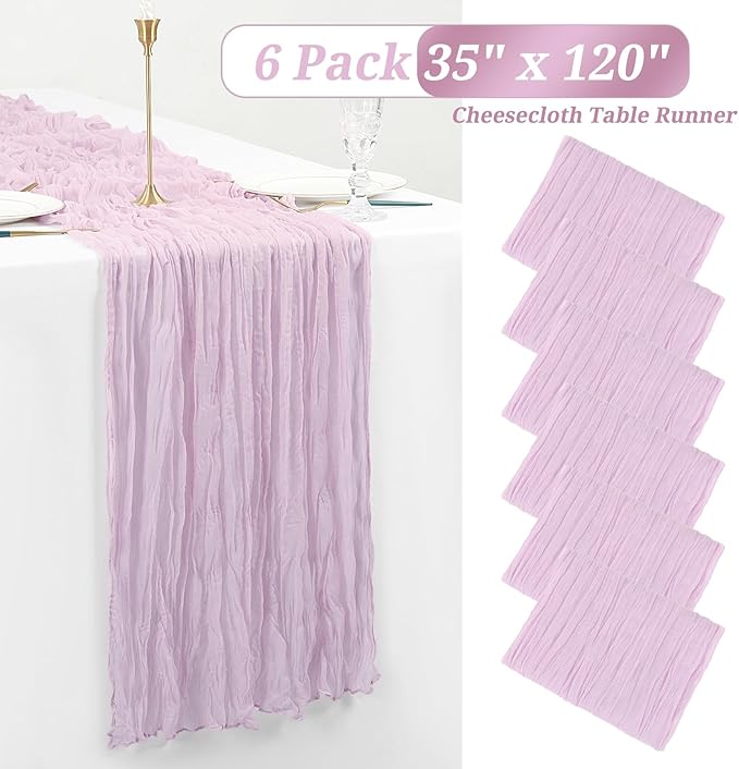 6 Pack Purple Pink Cheesecloth Table Runner Gauze - 10FT Long Semi-Sheer Boho Rustic Wedding Decor for Arch Draping Bridal Shower Holiday Party
