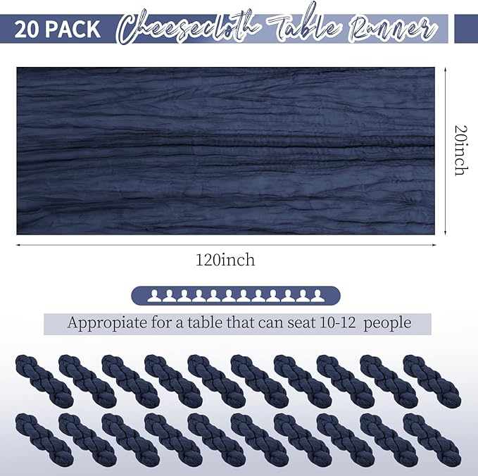 20 Pack Navy Blue Table Runners 10Ft Cheesecloth Table Runner Boho Gauze Cheese Cloth Table Runner Romantic Long Sheer Fabric Table Runners for Wedding Party Bridal Shower