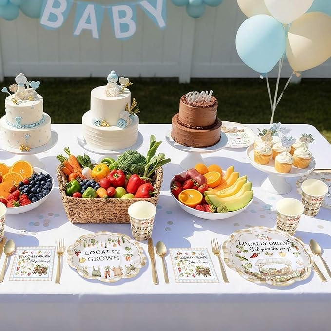 Newtay 250 Pcs Locally Grown Baby Shower Disposable Plates and Napkins Farmers Market Disposable Tableware Set for 50 Guests Vegetable Theme Paper Plates Napkins for Birthday Baby Shower Supplies